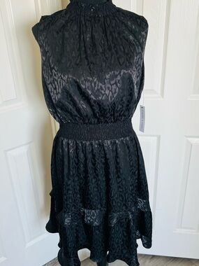 🐆New! Emma & Michele Black Leopard Print Mock Neck Smocked Waist Dress Sz Large